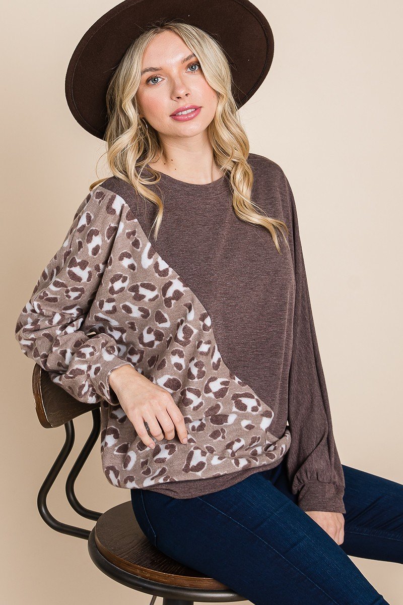 Cute Animal French Terry Brush Contrast Print Pullover With Cuff Detail-Product Type | Naughty Smile Fashion