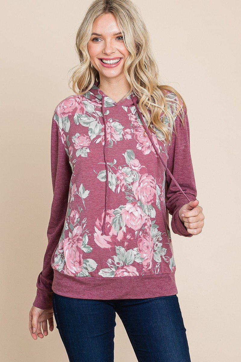 Floral Printed Contrast Hoodie With Relaxed Fit And Cuff Detail-Product Type | Naughty Smile Fashion