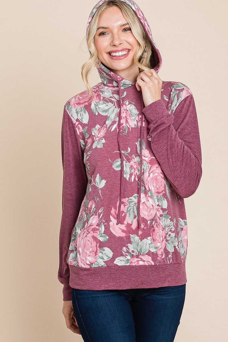 Floral Printed Contrast Hoodie With Relaxed Fit And Cuff Detail-Product Type | Naughty Smile Fashion