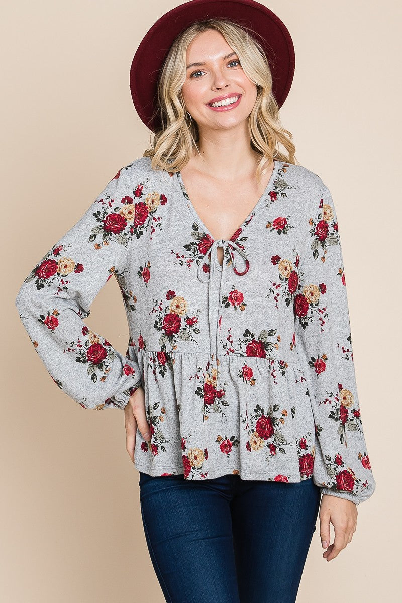Floral Hacci Printed Babydoll Top With Elastic Cuff Sleeves-Product Type | Naughty Smile Fashion