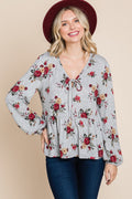 Floral Hacci Printed Babydoll Top With Elastic Cuff Sleeves-Product Type | Naughty Smile Fashion