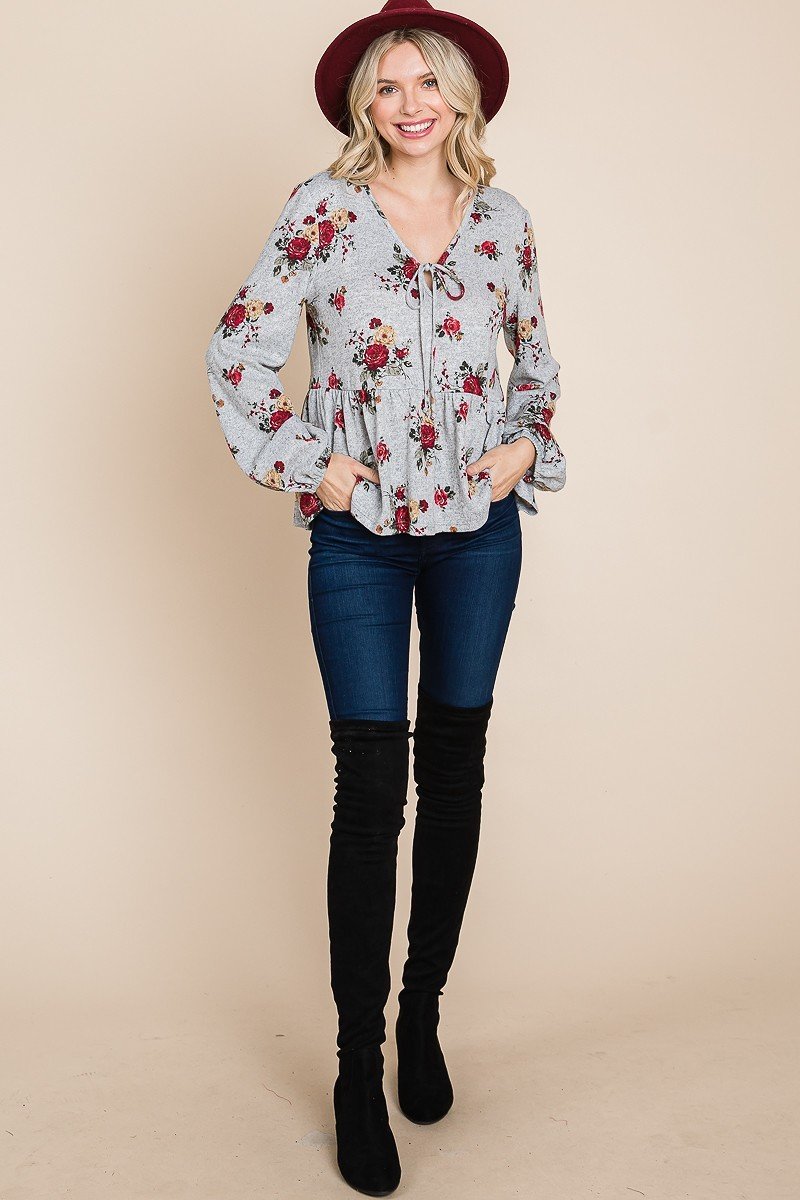 Floral Hacci Printed Babydoll Top With Elastic Cuff Sleeves-Product Type | Naughty Smile Fashion