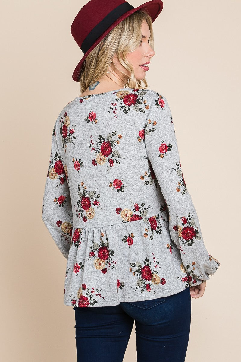 Floral Hacci Printed Babydoll Top With Elastic Cuff Sleeves-Product Type | Naughty Smile Fashion