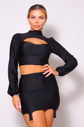 Puff Long Sleeve Front Cutout Turtleneck Blouse & Side Ruched Garter Mini Skirt Set-Product Type | Naughty Smile Fashion