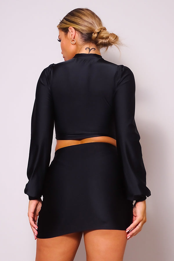 Puff Long Sleeve Front Cutout Turtleneck Blouse & Side Ruched Garter Mini Skirt Set-Product Type | Naughty Smile Fashion
