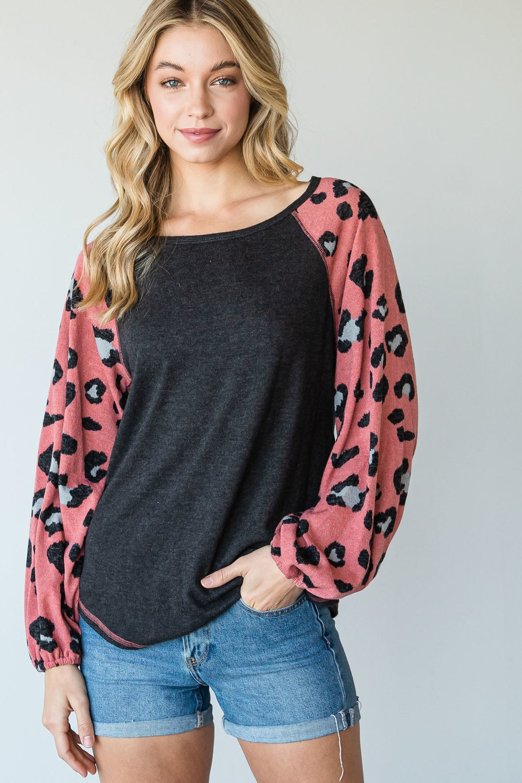 Round Neckline And Animal Print Color Block Top-Product Type | Naughty Smile Fashion