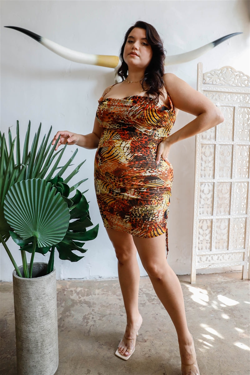 Plus Size Plus Brown Fall Colors Pattern Drawstring Ruched Slip Mini Dress – Stylish & Comfortable – men’s fashion, stylish and versatile