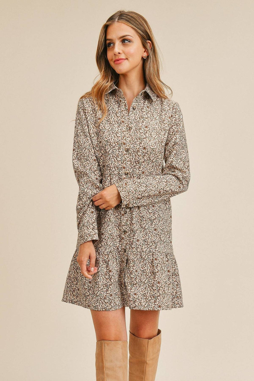 Corduroy Printed Button Down Front Collar Long Sleeve Dress-Product Type | Naughty Smile Fashion