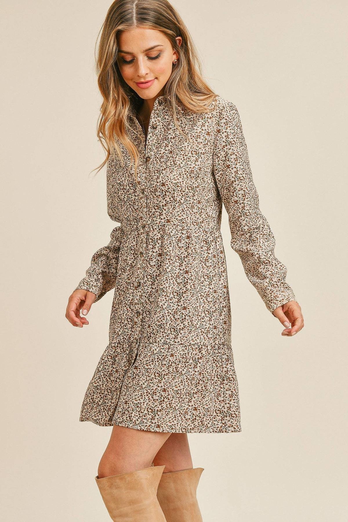 Corduroy Printed Button Down Front Collar Long Sleeve Dress-Product Type | Naughty Smile Fashion