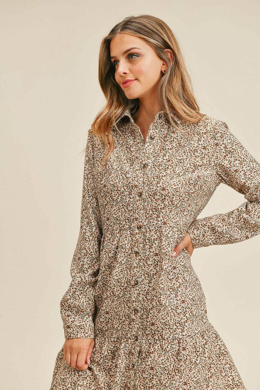 Corduroy Printed Button Down Front Collar Long Sleeve Dress-Product Type | Naughty Smile Fashion