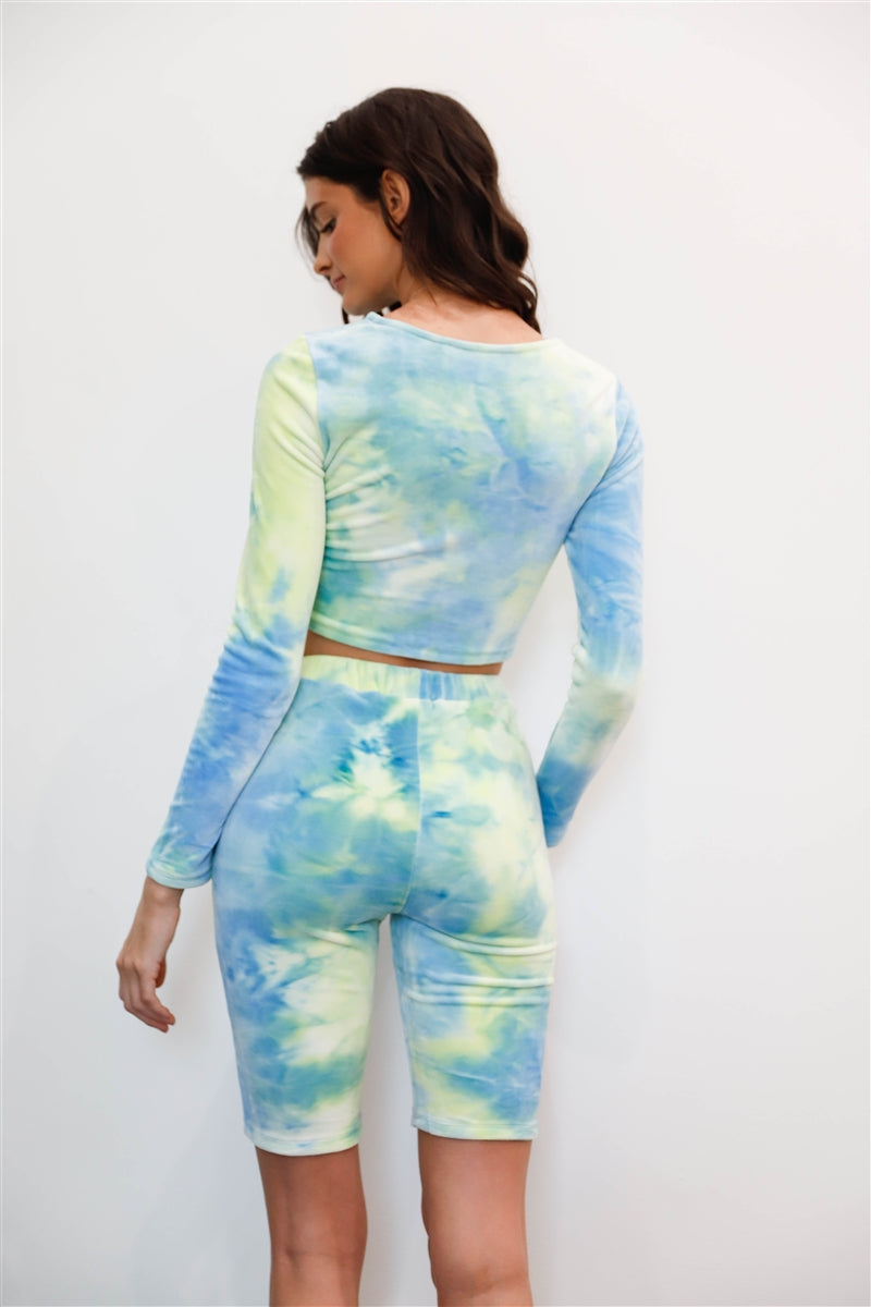 Multicolor Tie-dye Velvet Cropped Long Sleeve Top & Bike Shorts Set-Product Type | Naughty Smile Fashion
