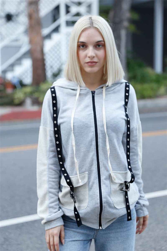 Sale - Belt & Reversed Details Zip-up Hooded Sweater – On Sale Now