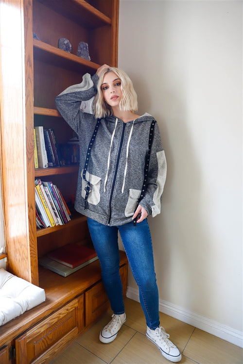 Belt & Reversed Details Zip-up Hooded Sweater-Product Type | Naughty Smile Fashion