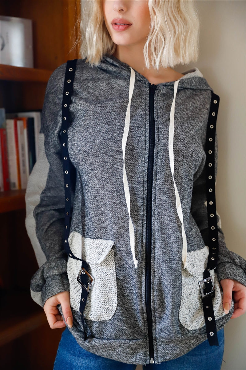 Belt & Reversed Details Zip-up Hooded Sweater-Product Type | Naughty Smile Fashion