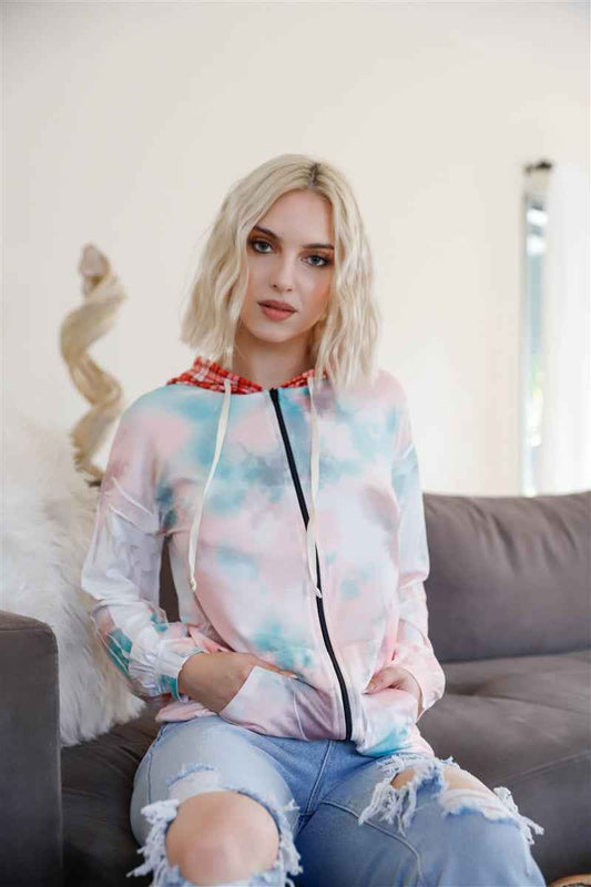 Sale - Feather & Tie-dye Print Contrast Plaid Hood Sweater – On Sale Now