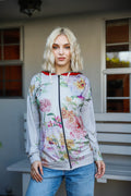 Grey Pink Flower Print Contrast Double Hood Sweater-Product Type | Naughty Smile Fashion