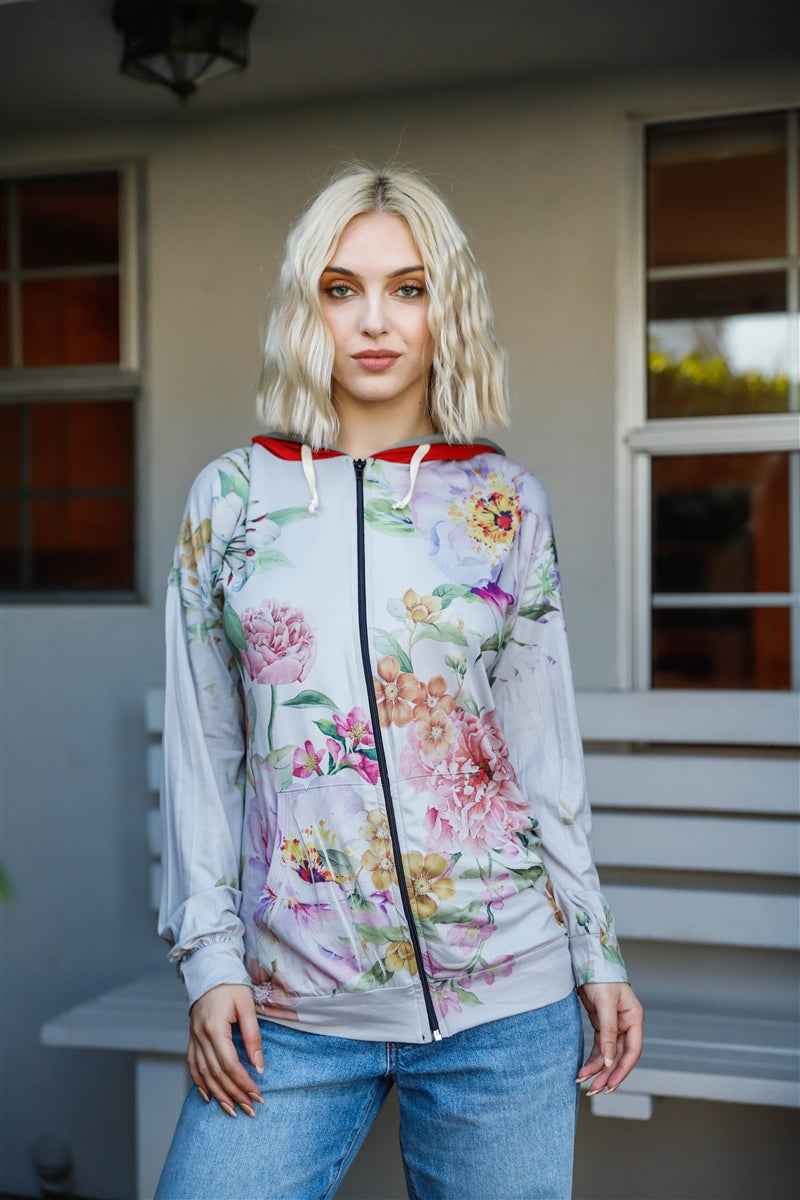 Sale - Grey Pink Flower Print Contrast Double Hood Sweater – On Sale Now