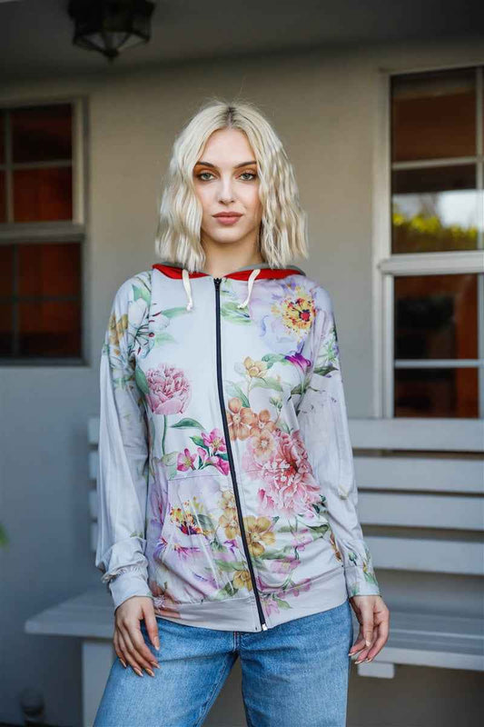 Sale - Grey Pink Flower Print Contrast Double Hood Sweater – On Sale Now