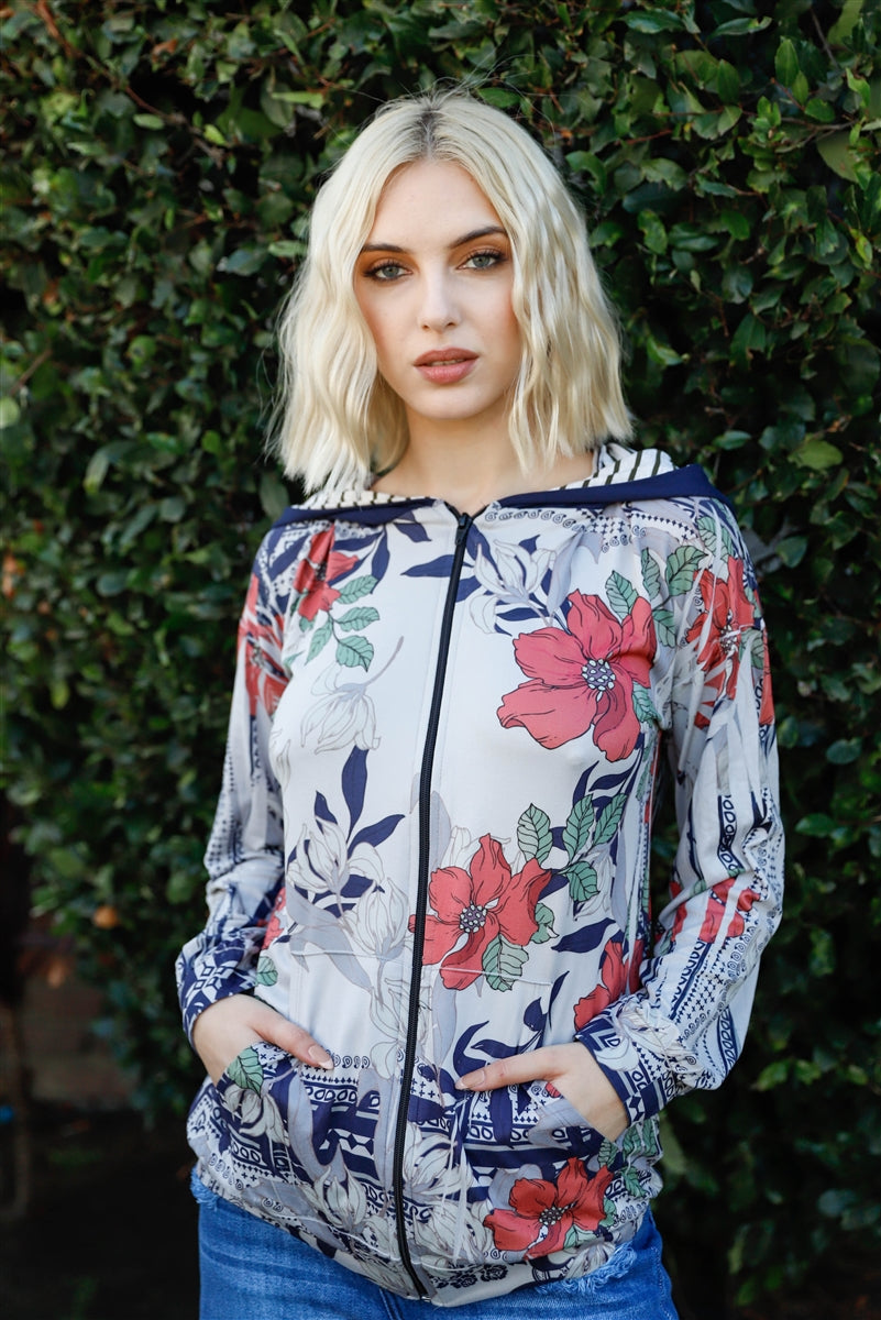 Navy Rust Flower Print Zip-up Contrast Striped Hood Sweater-Product Type | Naughty Smile Fashion