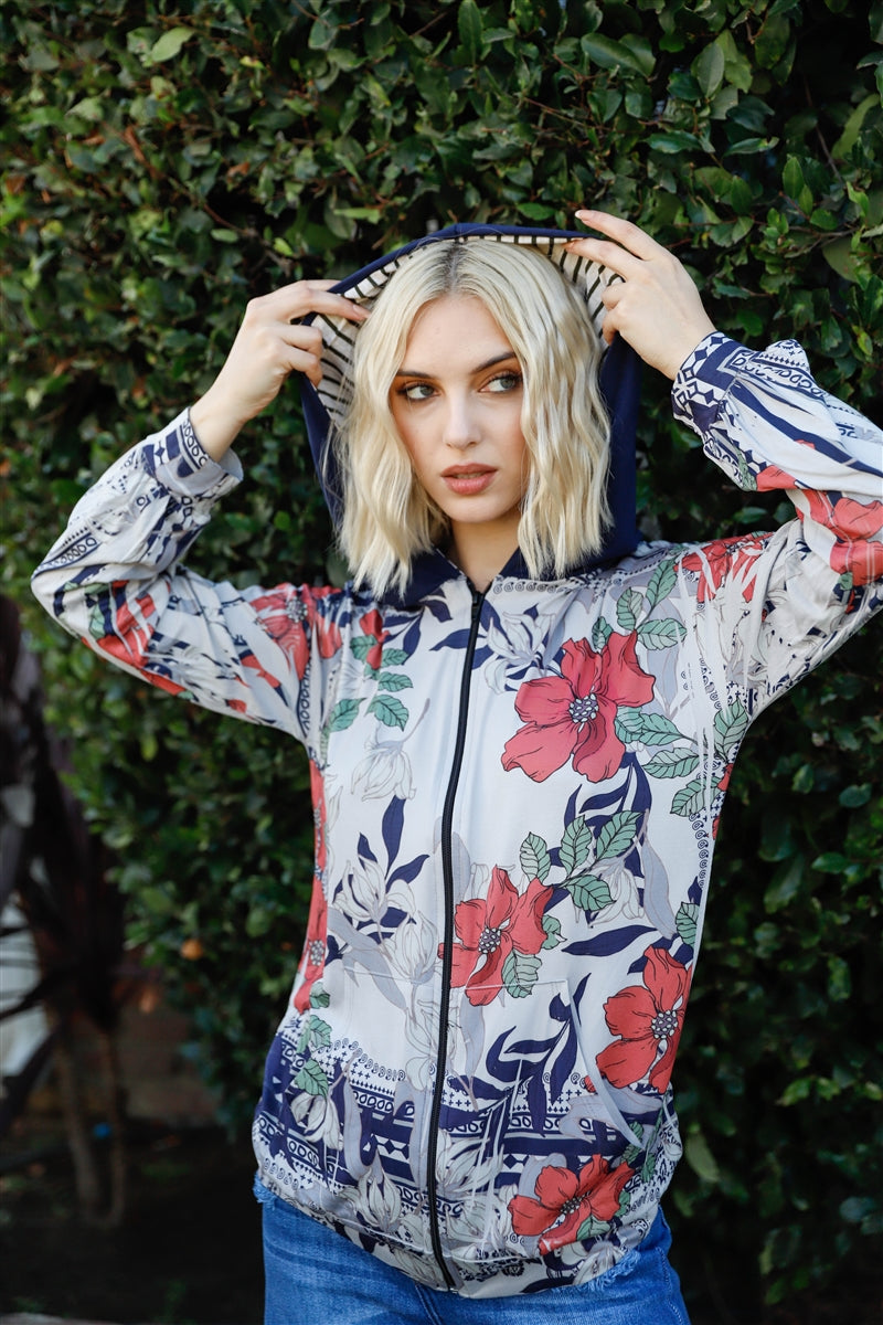 Navy Rust Flower Print Zip-up Contrast Striped Hood Sweater-Product Type | Naughty Smile Fashion
