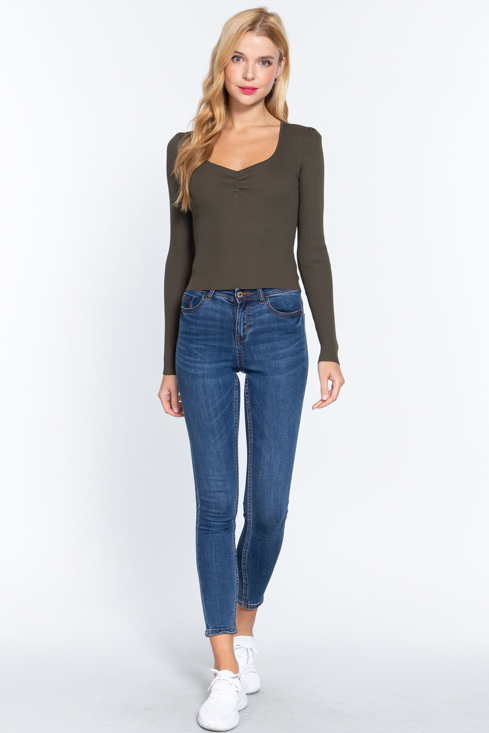 Shirring Sweatheart Neck Sweater-Product Type | Naughty Smile Fashion