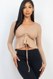 Ribbed Drawstring Front Long Sleeve Peplum Top