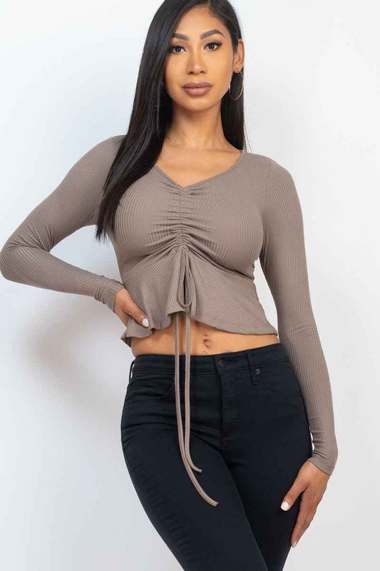 Sale - Ribbed Drawstring Front Long Sleeve Peplum Top – On Sale Now
