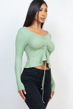 Ribbed Drawstring Front Long Sleeve Peplum Top