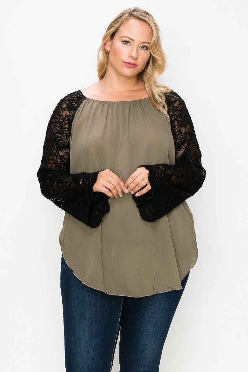 Plus Size Solid Top Featuring Flattering Lace Bell Sleeves – Stylish & Comfortable – men’s fashion, stylish and versatile