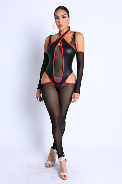 Binding Pointed Cutout Halter Mesh Off Shoulder Jumpsuit – black, fashion, women style