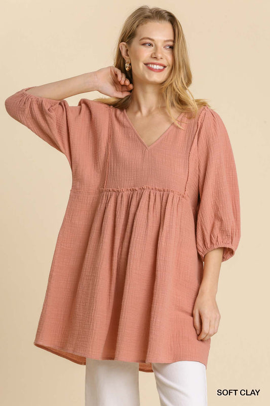 Sale - Gauze Slub V-neck Frayed Edge Detail Tunic Dress – On Sale Now