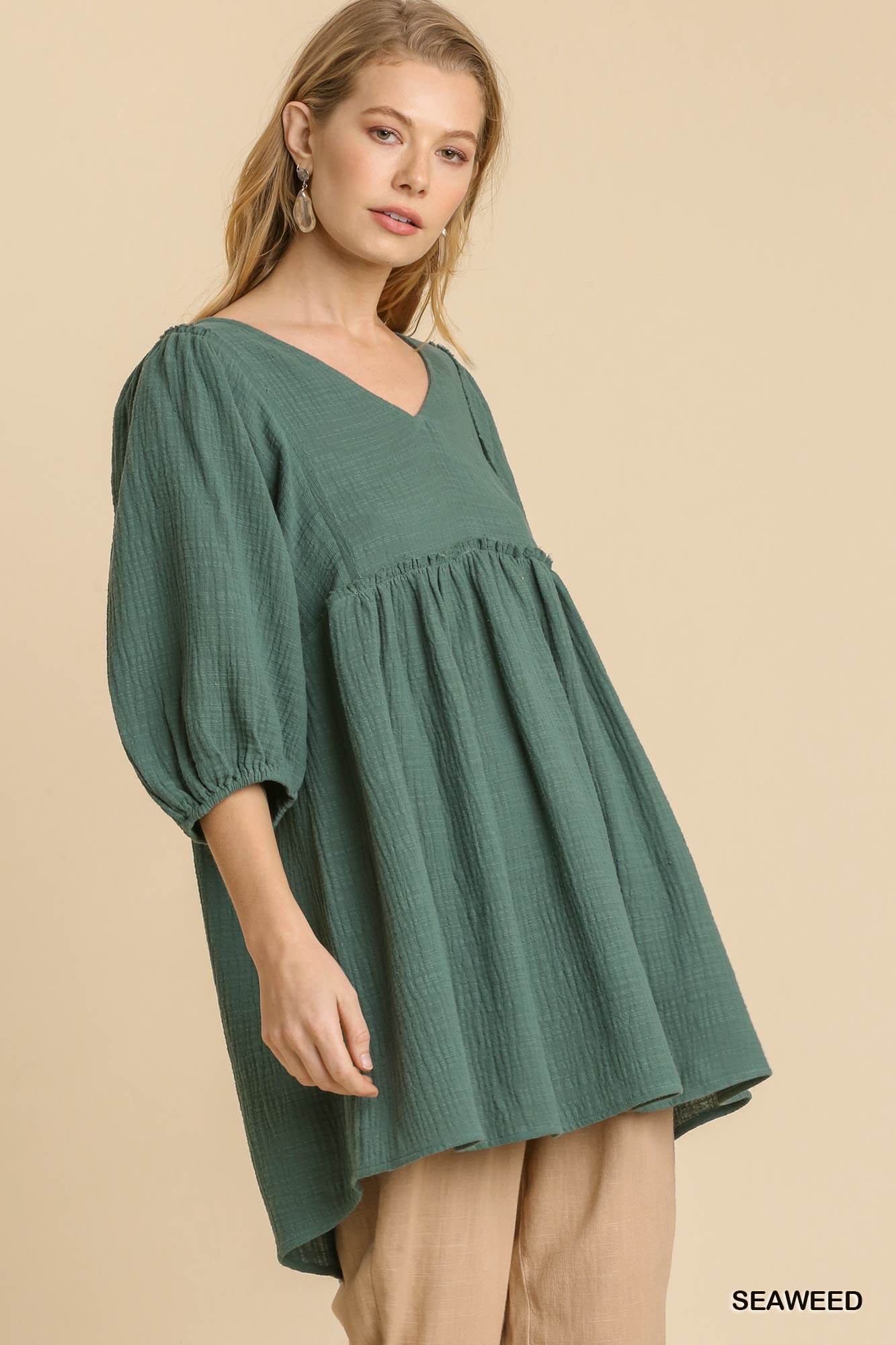 Gauze Slub V-neck Frayed Edge Detail Tunic Dress-Product Type | Naughty Smile Fashion