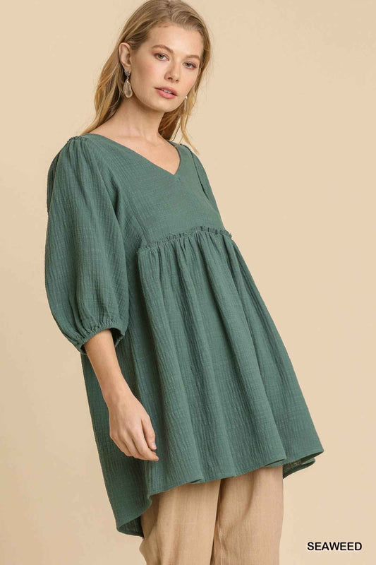Sale - Gauze Slub V-neck Frayed Edge Detail Tunic Dress – On Sale Now