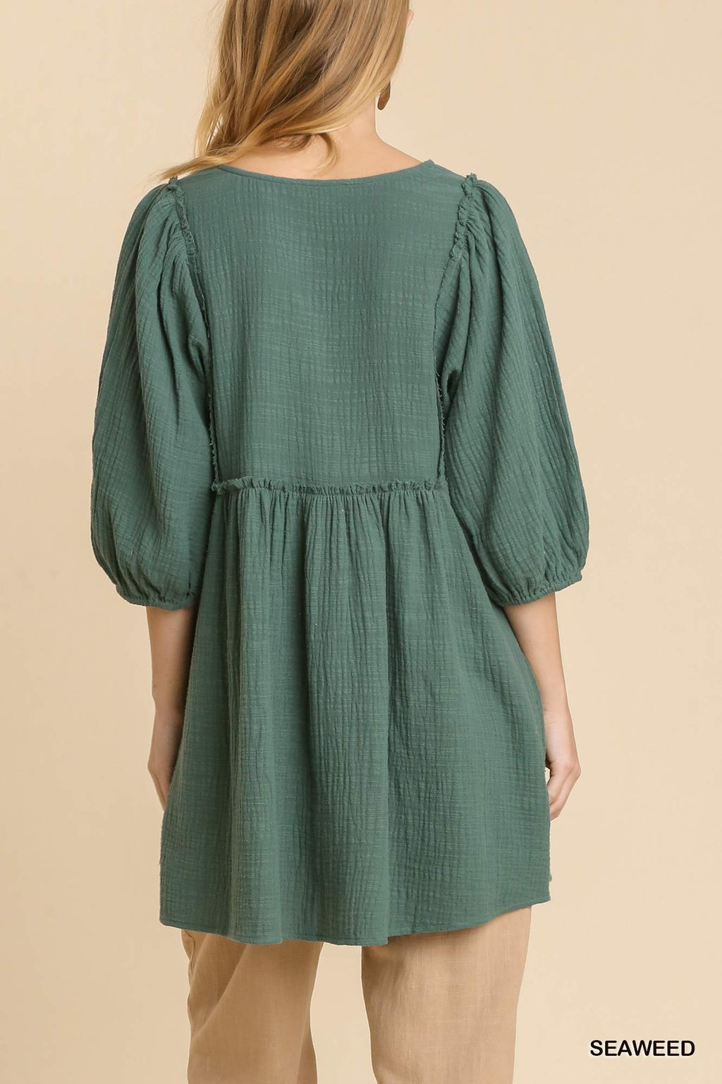 Gauze Slub V-neck Frayed Edge Detail Tunic Dress-Product Type | Naughty Smile Fashion