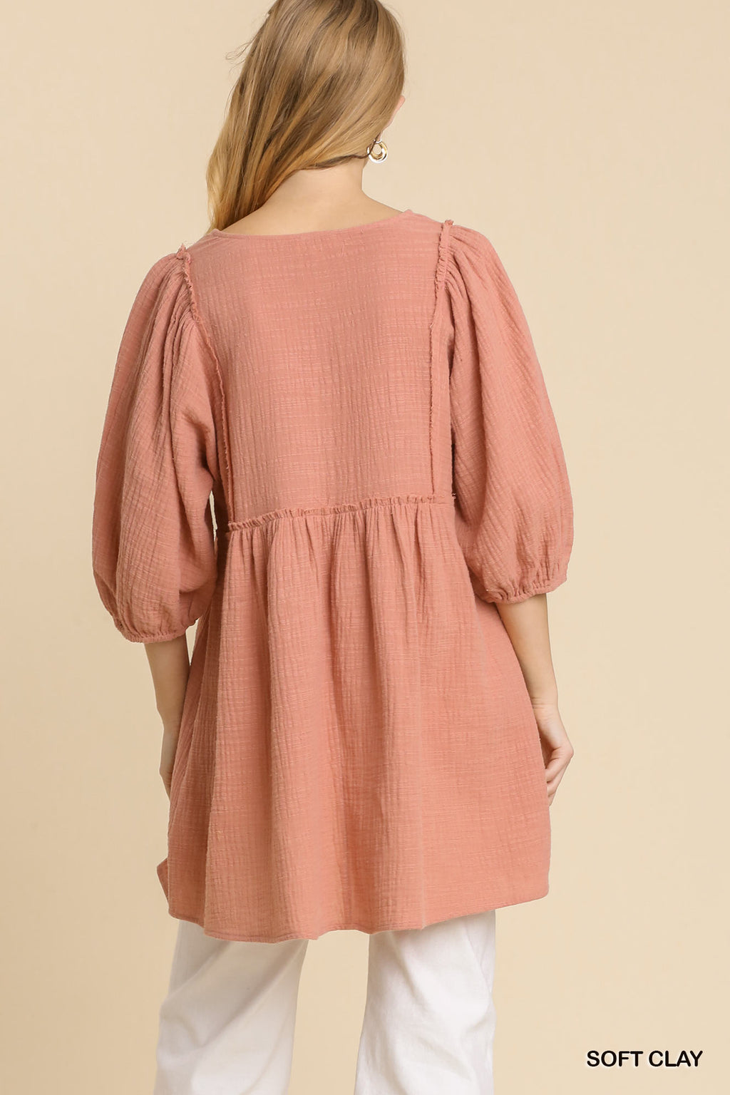 Gauze Slub V-neck Frayed Edge Detail Tunic Dress-Product Type | Naughty Smile Fashion