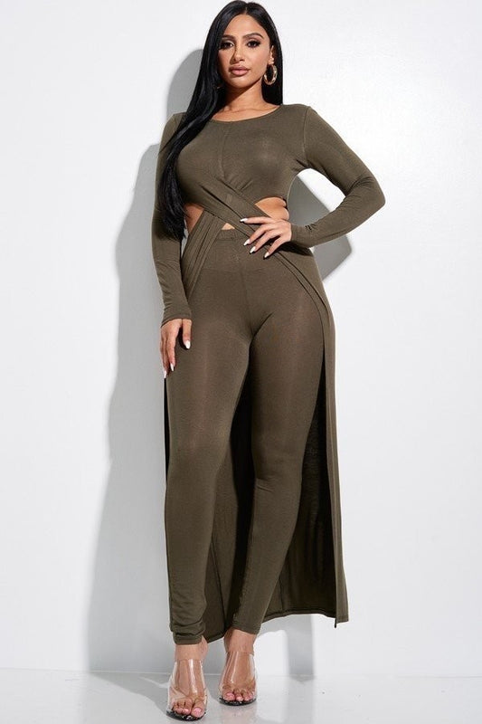 Solid Heavy Rayon Spandex Long Sleeve Crossed Over Long Top And Leggings 2 Piece