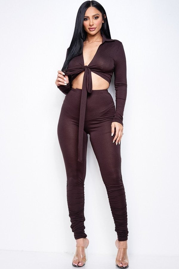 Solid Heavy Rayon Spandex Collared Tie Front Top And Ruched Pants Two Piece Set-Product Type | Naughty Smile Fashion