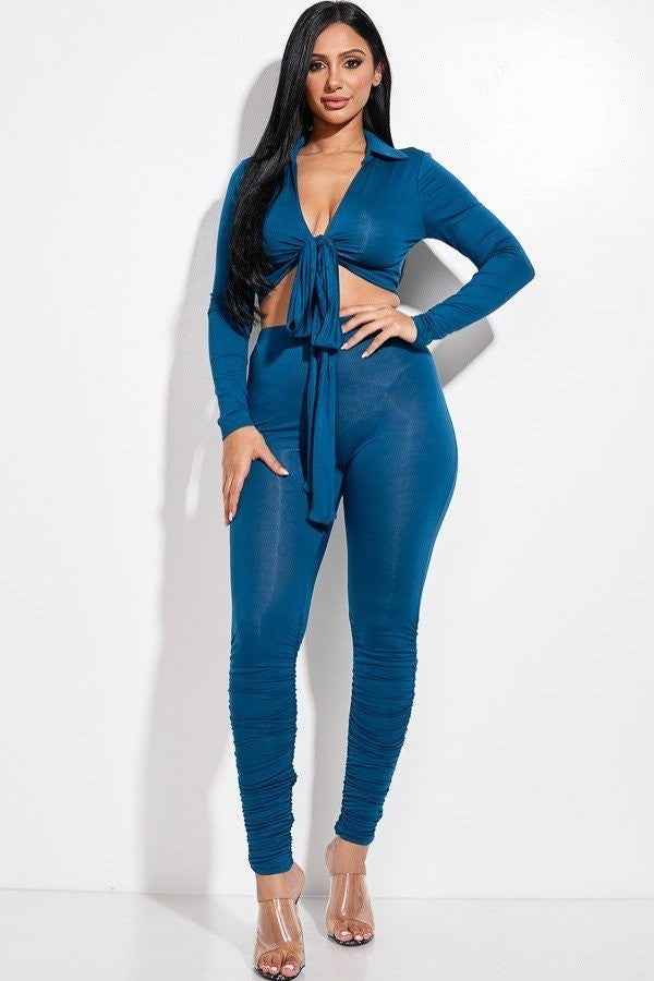 Sale - Solid Heavy Rayon Spandex Collared Tie Front Top And Ruched Pants Two Piece Set – On Sale Now