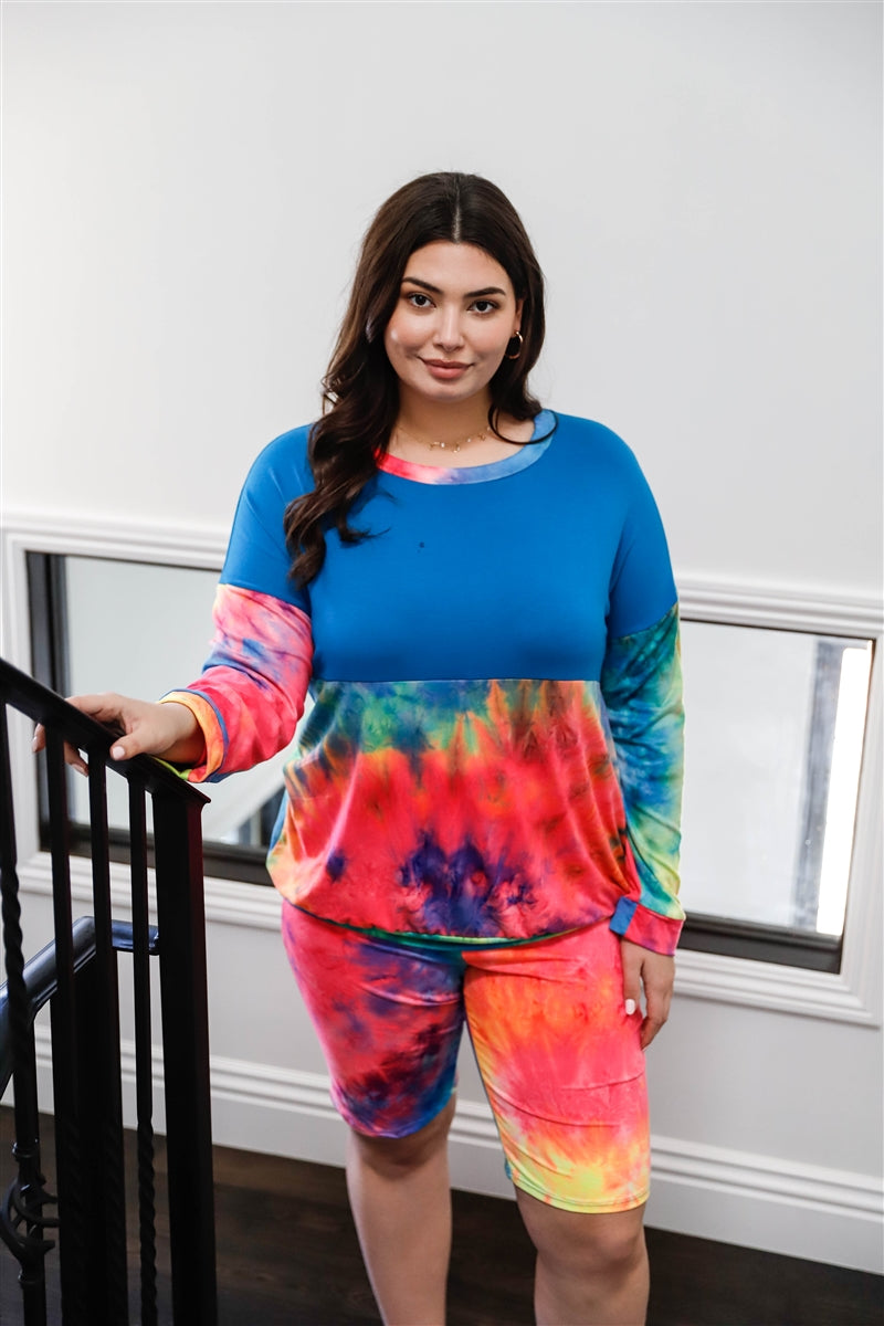 Plus Size Plus Blue Neon Rainbow Tie-dye Colorblock Long Sleeve Top & Biker Shorts Set – Stylish & Comfortable – men’s fashion, stylish and versatile