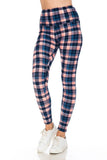 High-waisted yoga leggings featuring a blue and pink plaid pattern, worn with white sneakers. The leggings have a snug fit and extend to the ankles, showcasing a trendy and comfortable athleisure style.