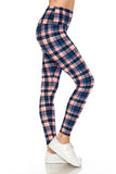 Plaid pattern leggings in pink and navy blue tones, high-waisted design, form-fitting silhouette, paired with white sneakers, side view showcasing leg and hip area