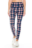 Plaid leggings in pink and navy blue check pattern with high waist, full-length design, and form-fitting silhouette, worn with white sneakers.