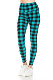 Teal and black checkered pattern yoga leggings with high waist, fitted design, and full-length legs, modeled on a person wearing white sneakers