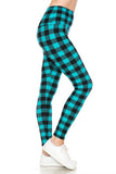 Teal and black checkered leggings with high waist, form-fitting design, and vibrant buffalo plaid pattern, worn with white sneakers on a plain background