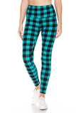 Teal and black checkered yoga leggings with high waist, showcasing a vibrant buffalo plaid pattern. Comfortable-looking stretchy fabric ideal for workouts or casual wear.