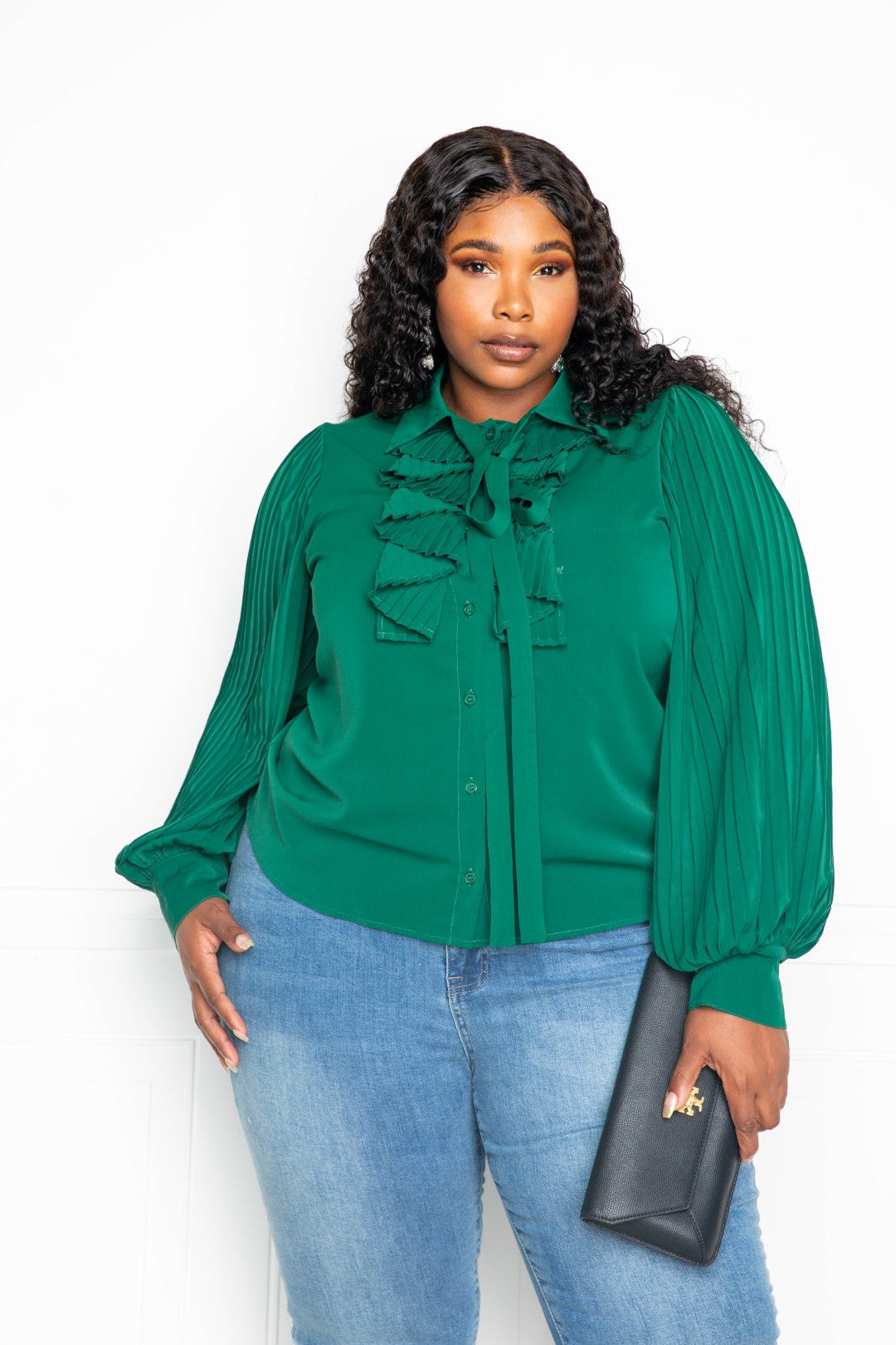 Plus Size Pleated Sleeve Blouse With Waterfall Frill And Bow – Stylish & Comfortable – men’s fashion, stylish and versatile