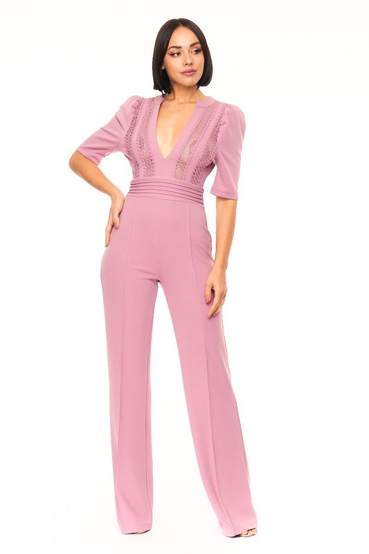 Deep V-neck Crochet Bodice Jumpsuit – multicolor, fashion, women style
