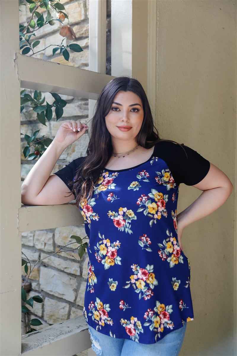Plus Size Plus Floral Print & Ribbed Black Colorblock Top – Stylish & Comfortable – men’s fashion, stylish and versatile