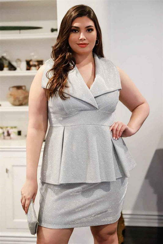 Plus Size Plus Glitter Collared Peplum Mini Dress – Stylish & Comfortable – men’s fashion, stylish and versatile