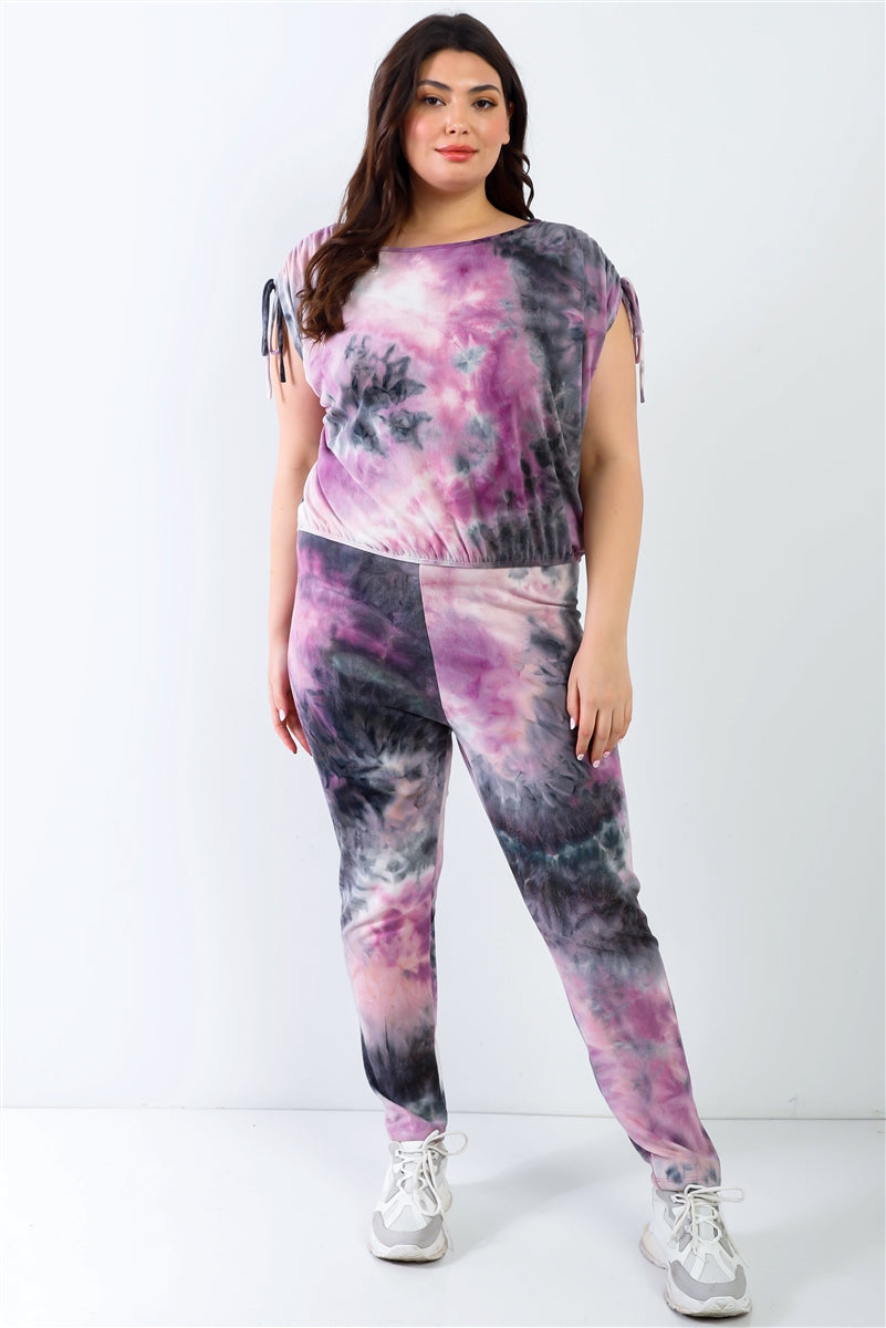 Plus Size Plus Purple & Black Tie-dye Ruched Shoulder Detail Top & Pants Set – Stylish & Comfortable – men’s fashion, stylish and versatile